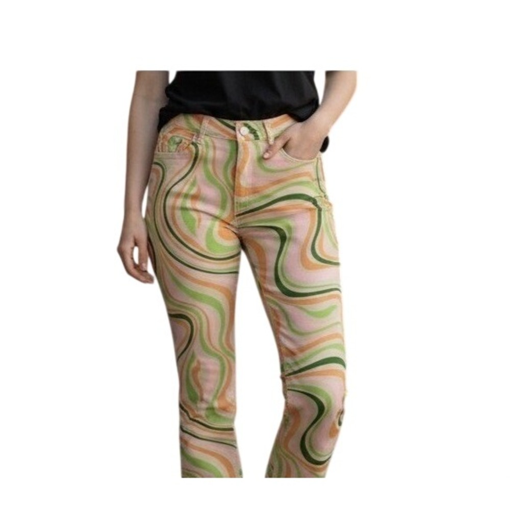 Easel Flare Pants Womens M Green Orange Swirl Psychedelic Retro Hippy Festival